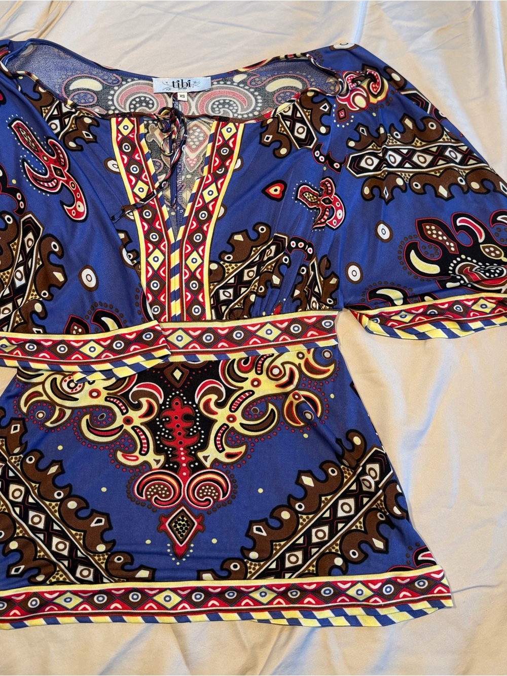 Tibi 100% Silk Blue Paisley Print Tunic Top XS Bell Sleeve